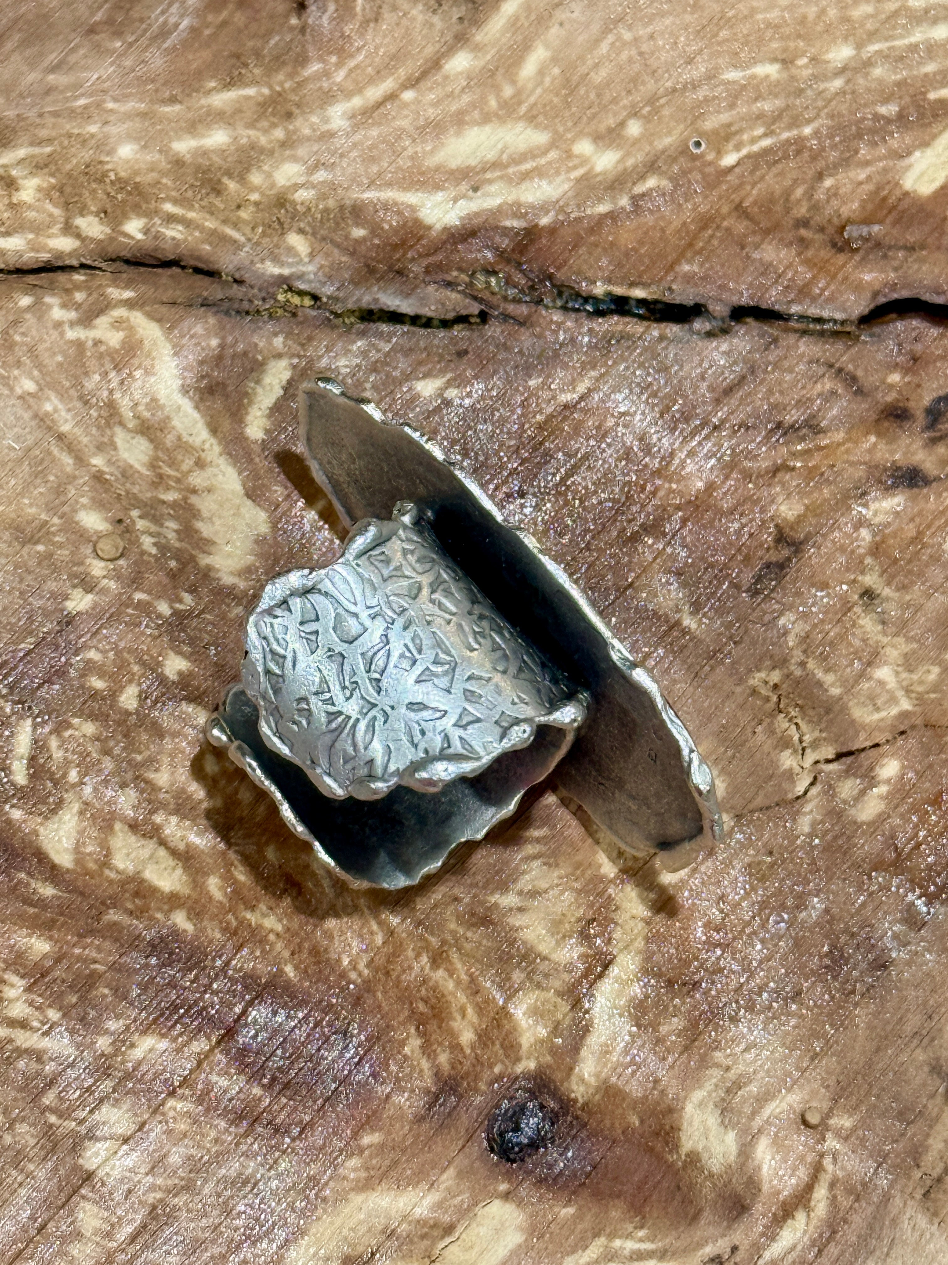 Silver Plated Hammered Brass Ring with Dried Flowers in Resin | 70’s Boho Nature Jewelry