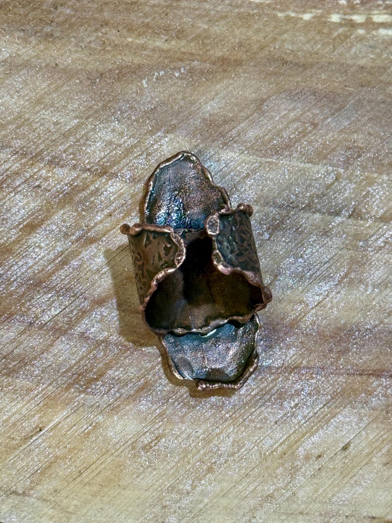 Copper Plated Hammered Brass Ring with Dried Flowers in Resin | 70’s Boho Nature Jewelry