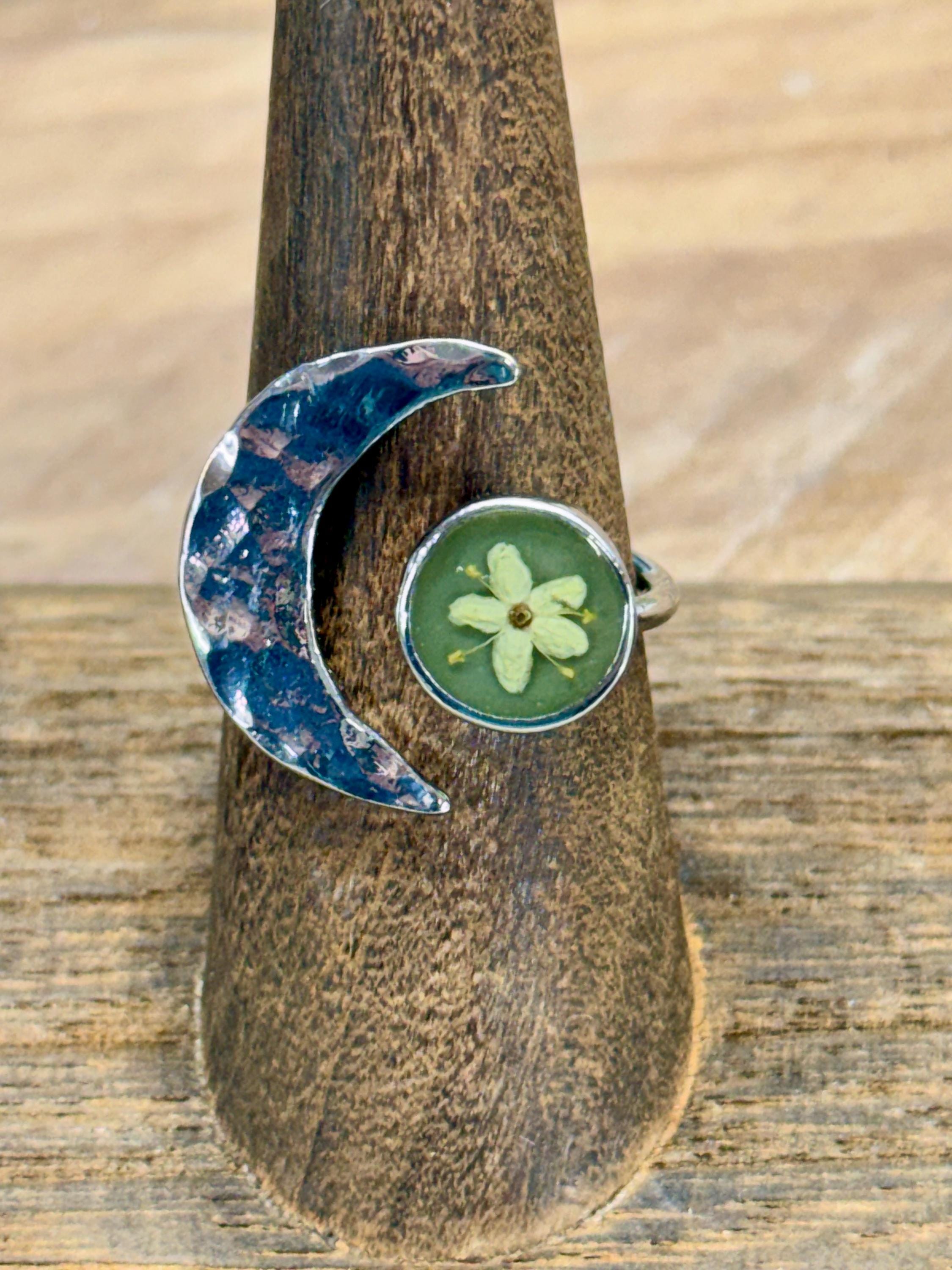 Crescent Moon & Wildflower Adjustable Ring  Real Flower Jewelry, Nature Lover Gift, Boho Botanical Ring