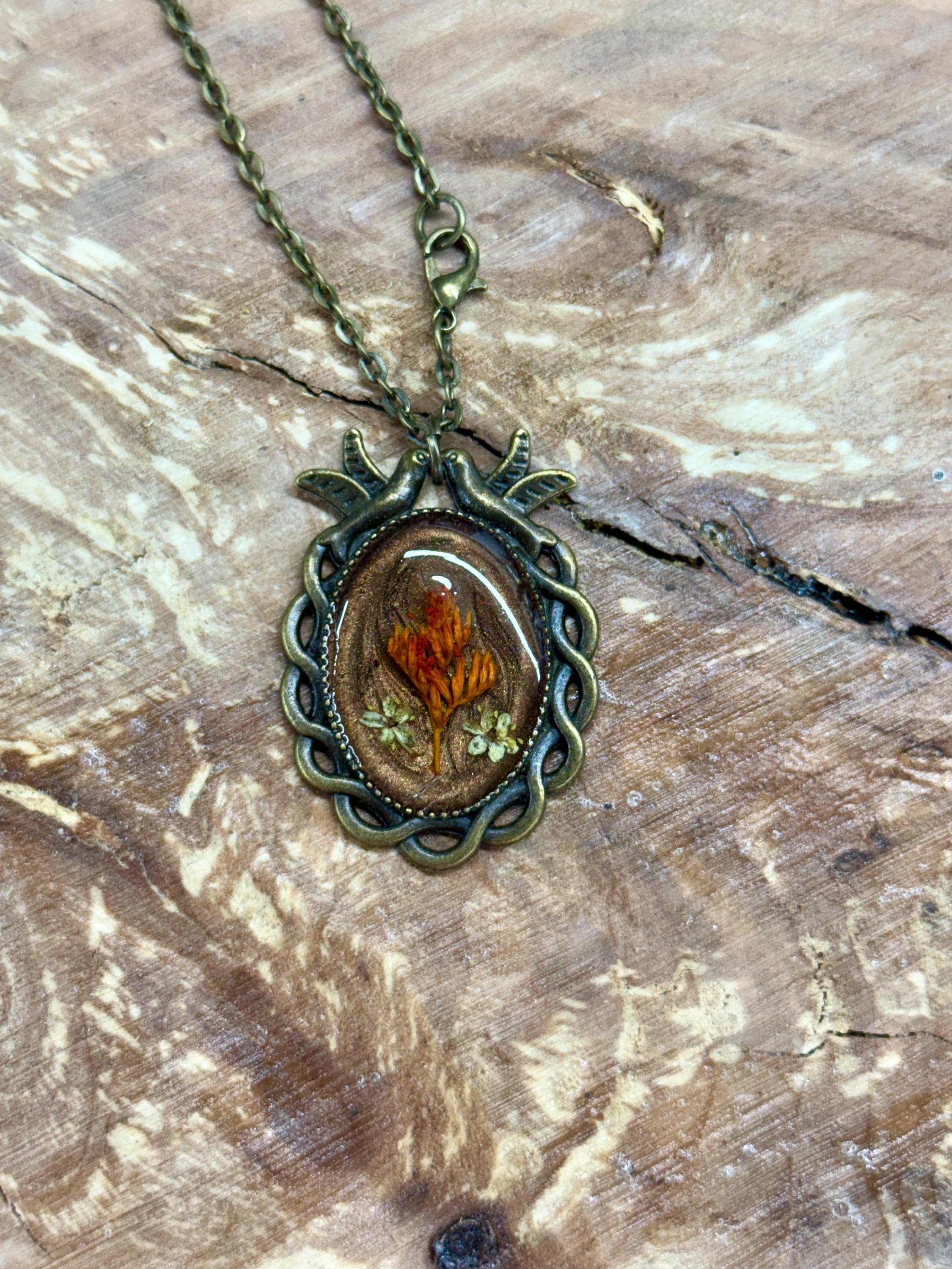 Botanical Oval Pendant Necklace  Real Dried Flower Jewelry