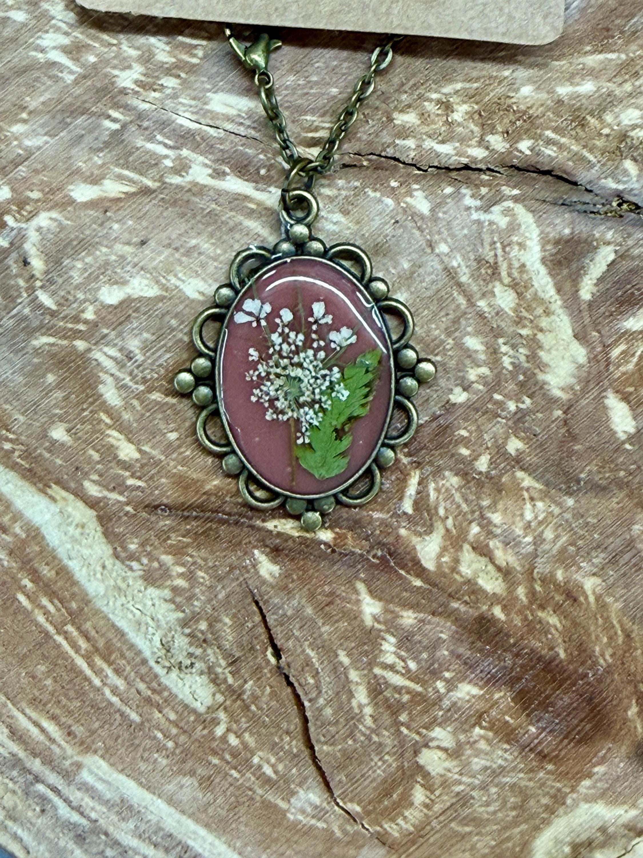 Botanical Oval Pendant Necklace  Real Dried Flower Jewelry