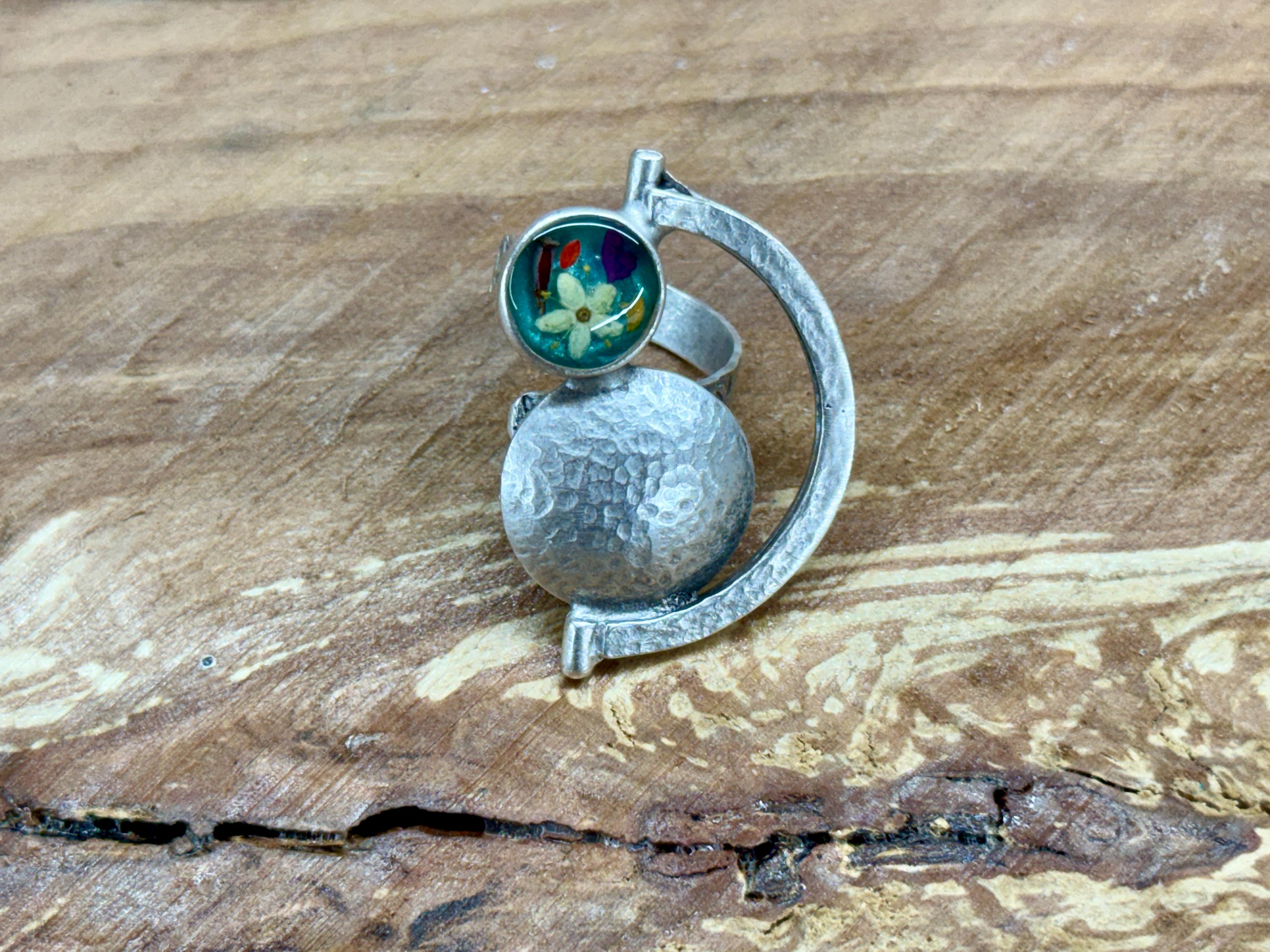 Celestial Botanical Statement Ring  Real Flower Resin Ring, Moon Phase Inspired Silver Ring, One of a Kind Nature Jewelry - Adjustable