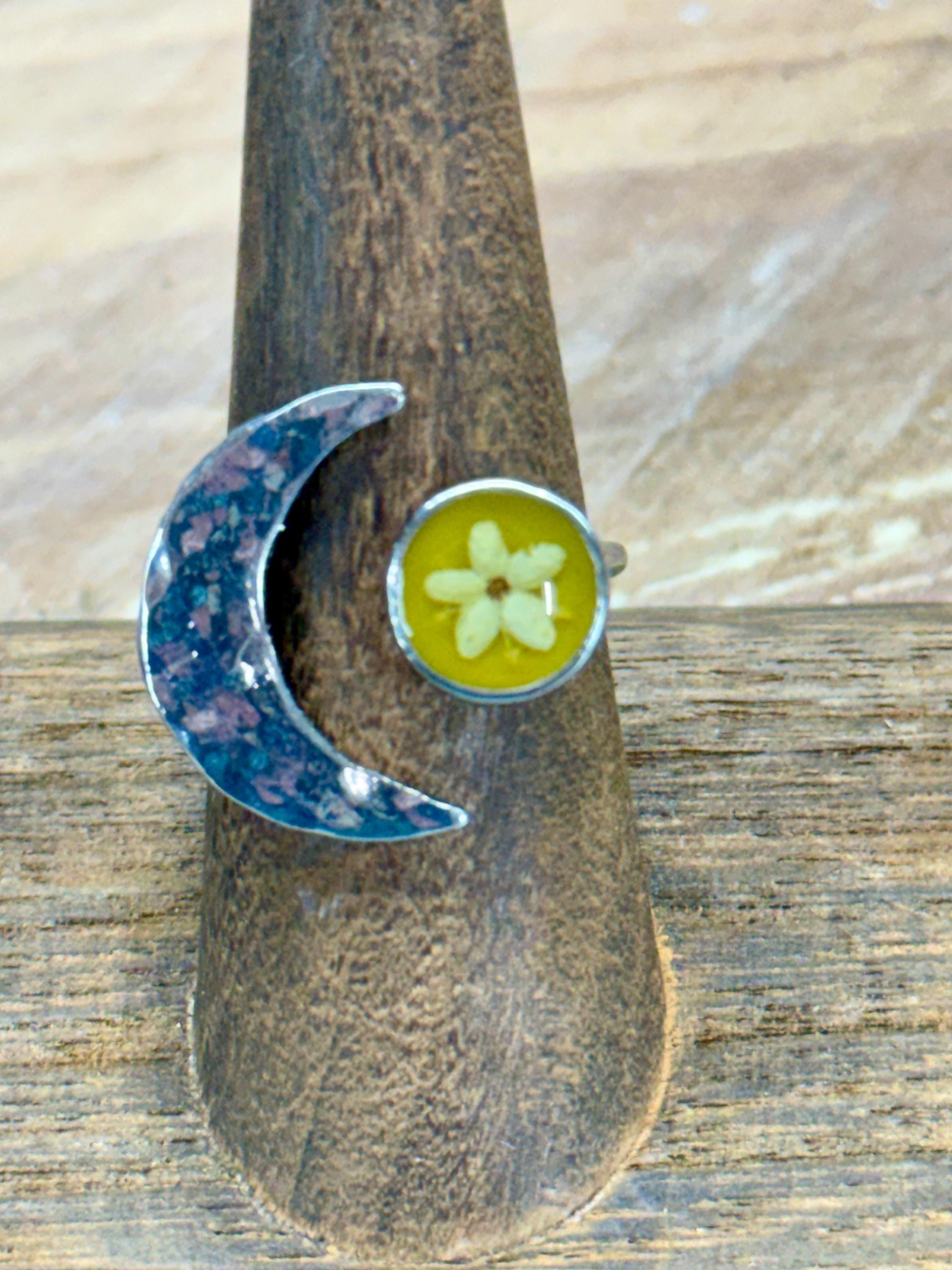Crescent Moon & Wildflower Adjustable Ring  Real Flower Jewelry, Nature Lover Gift, Boho Botanical Ring