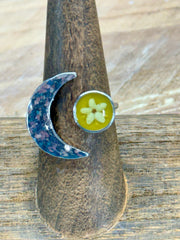 Crescent Moon & Wildflower Adjustable Ring  Real Flower Jewelry, Nature Lover Gift, Boho Botanical Ring