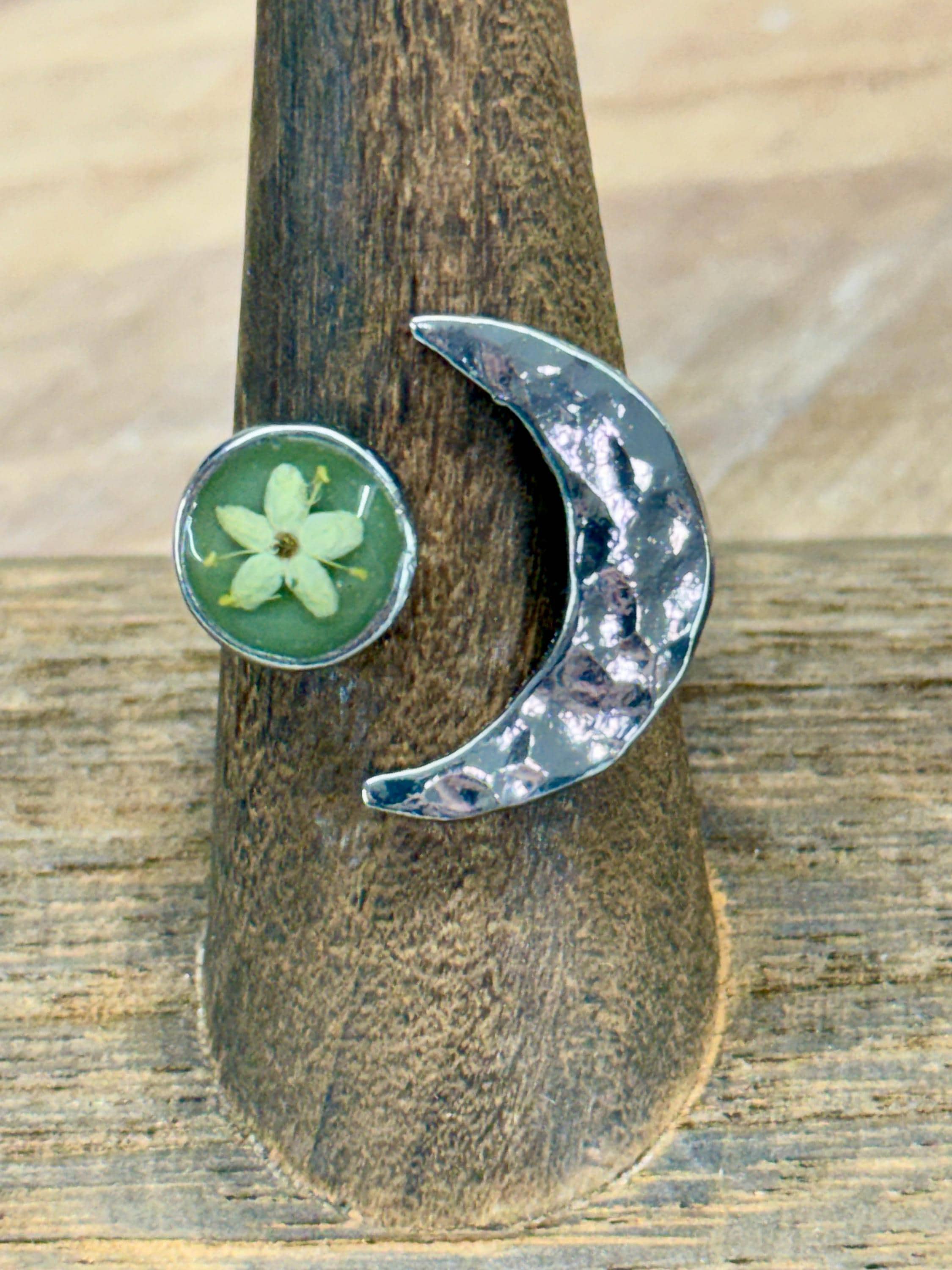 Crescent Moon & Wildflower Adjustable Ring  Real Flower Jewelry, Nature Lover Gift, Boho Botanical Ring