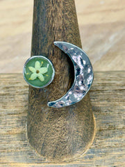 Crescent Moon & Wildflower Adjustable Ring  Real Flower Jewelry, Nature Lover Gift, Boho Botanical Ring
