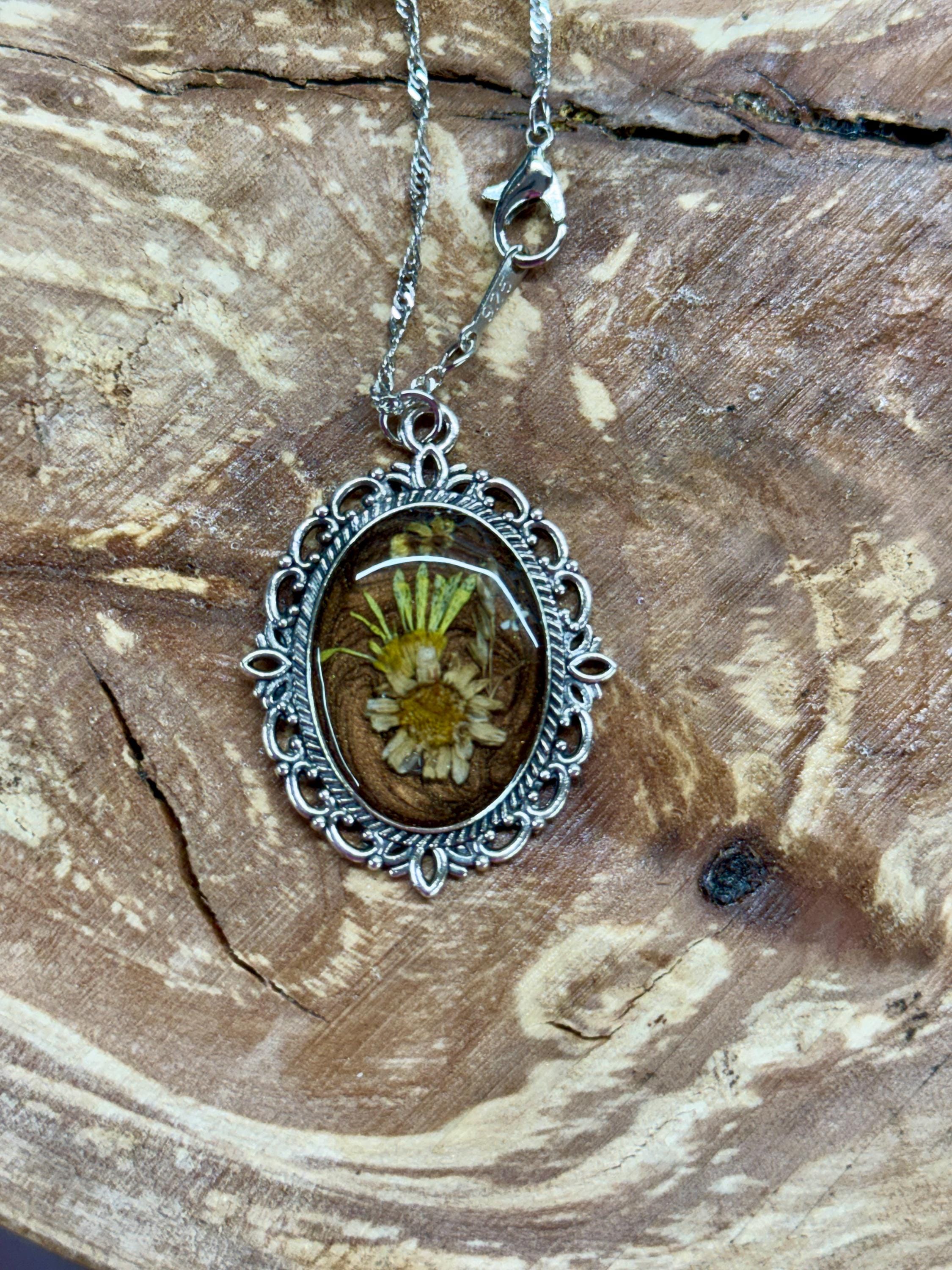 Botanical Oval Pendant Necklace  Real Dried Flower Jewelry