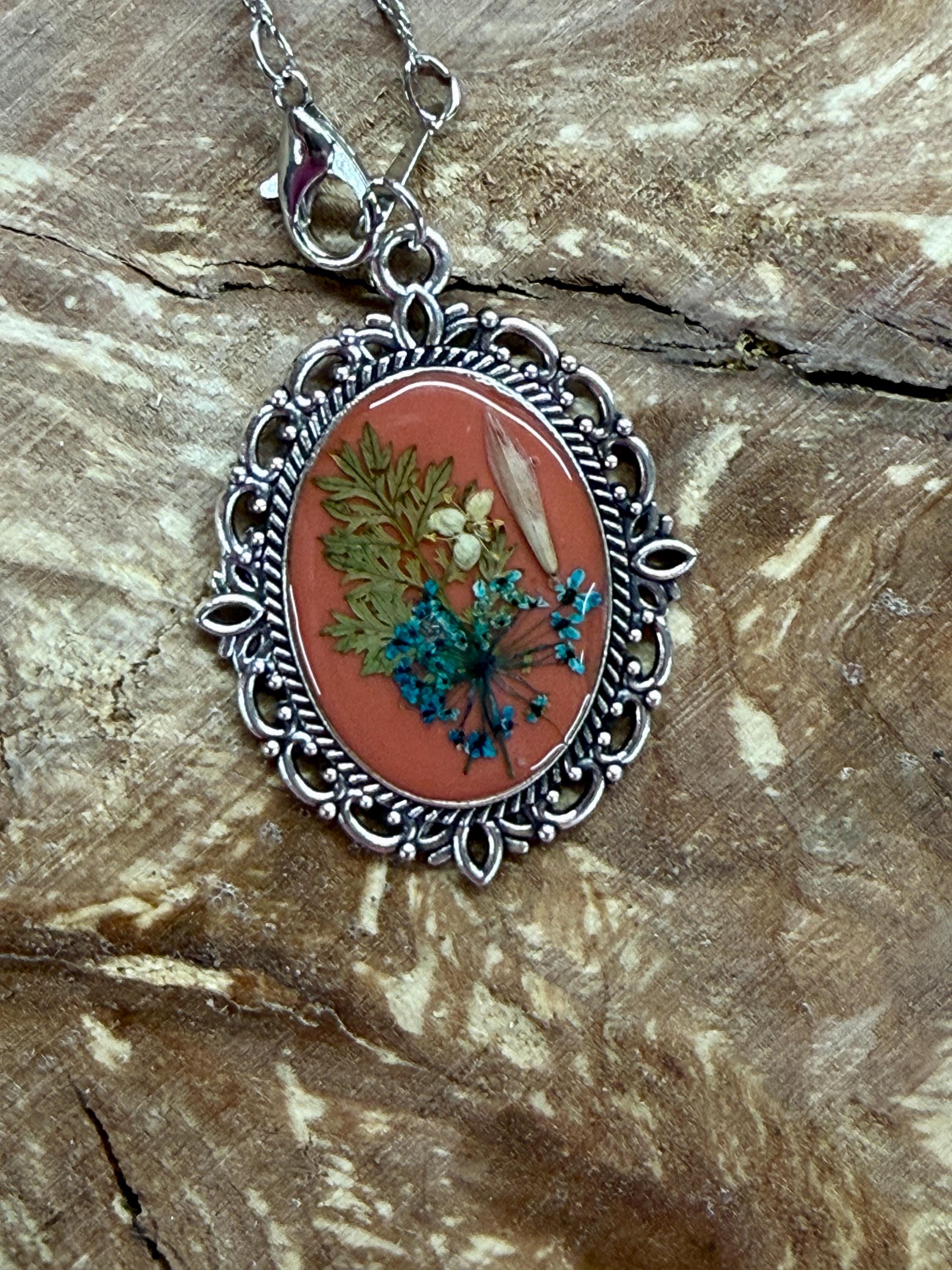 Botanical Oval Pendant Necklace  Real Dried Flower Jewelry