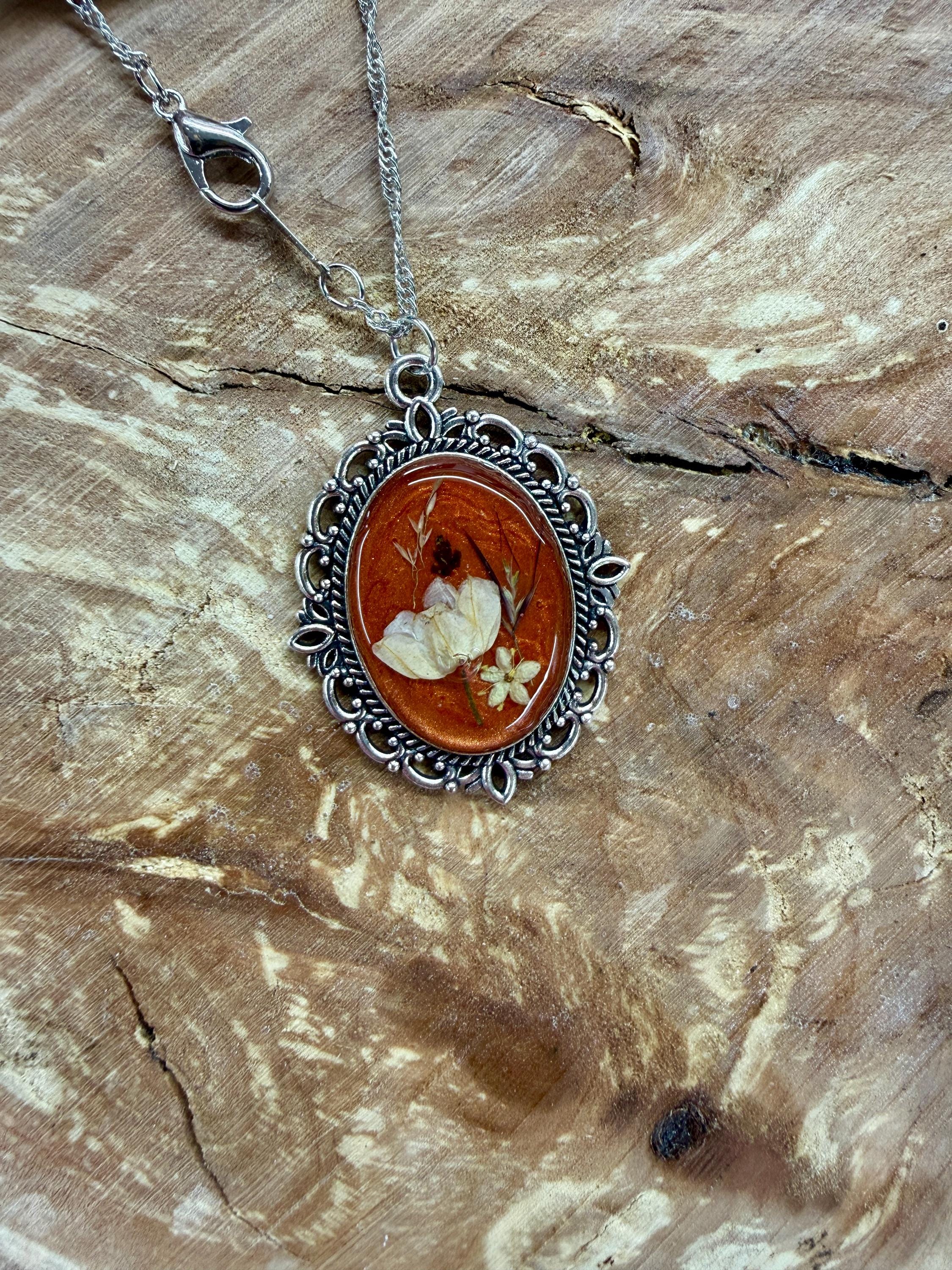Botanical Oval Pendant Necklace  Real Dried Flower Jewelry